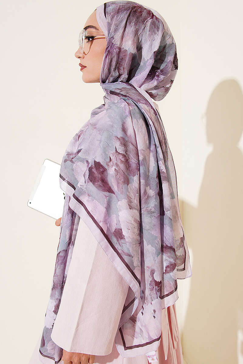 Floral Bamboo Crinkle Shawl with Stripe Band - Lilac