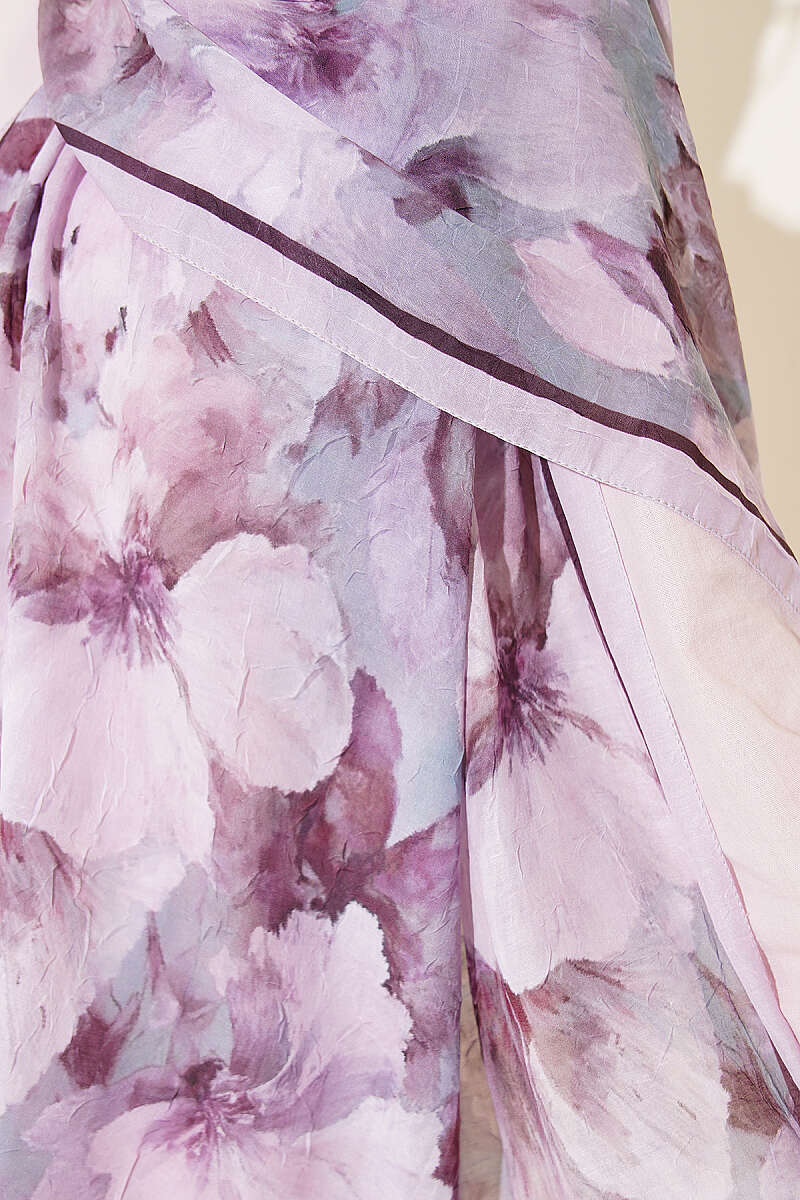 Floral Bamboo Crinkle Shawl with Stripe Band - Lilac