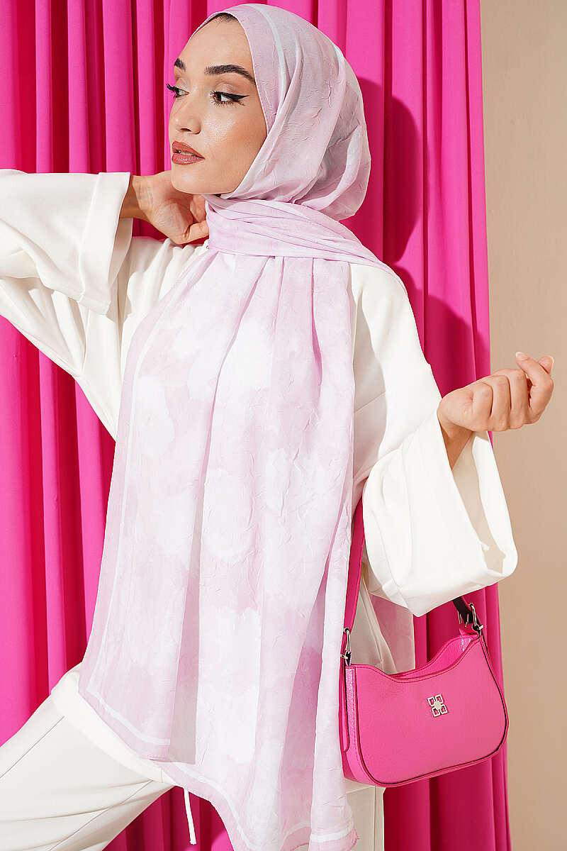 Floral Bamboo Crinkle Shawl with Stripe Band - Pink