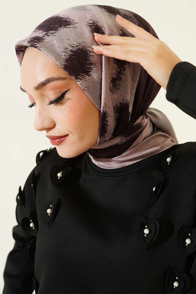Patterned Bamboo Scarf with Stripe Band - Sand
