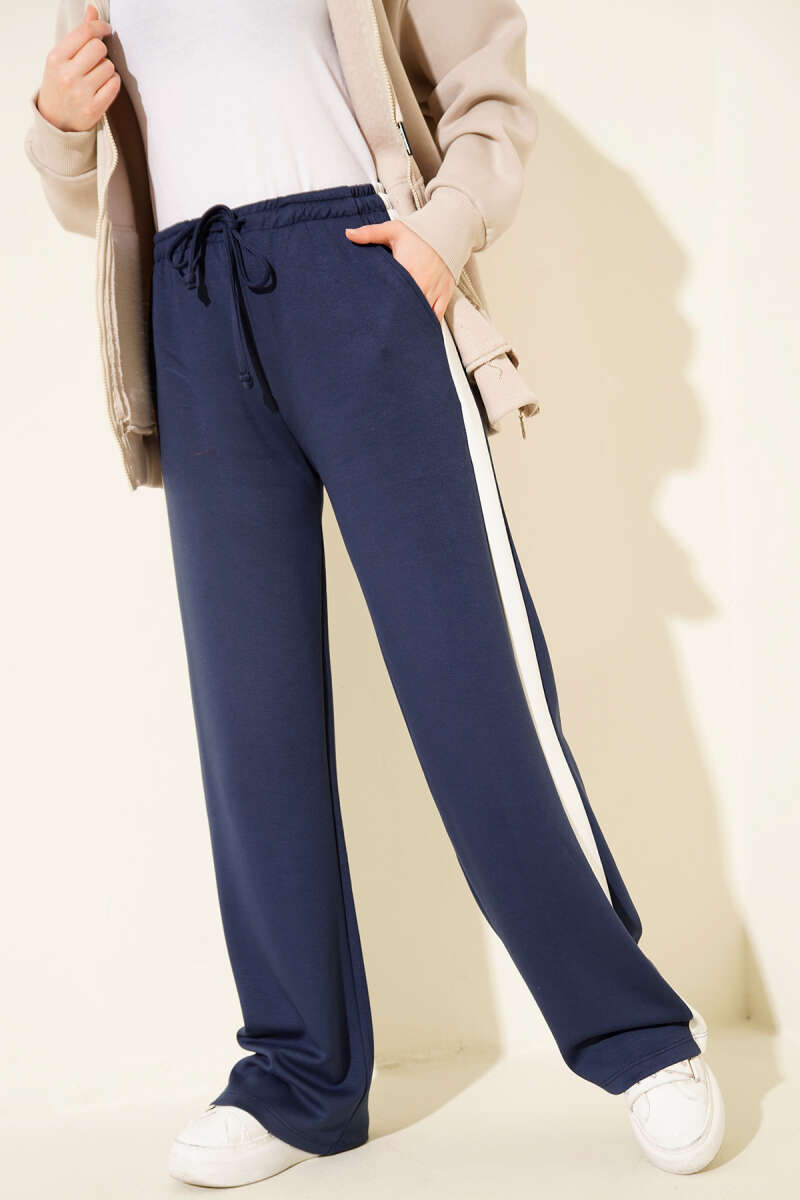 Drawstring Trousers with Side Stripe - Navy