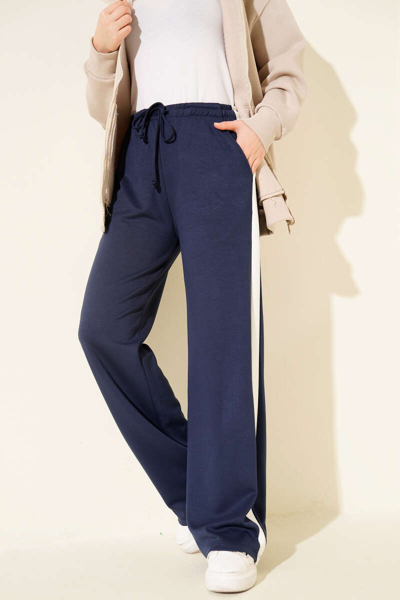 Drawstring Trousers with Side Stripe - Navy