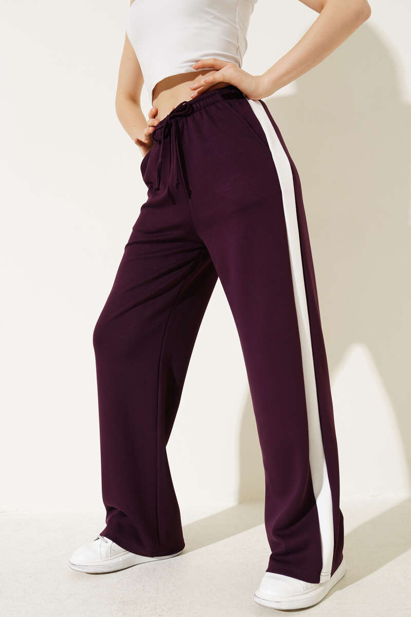 Drawstring Trousers with Side Stripe - Plum
