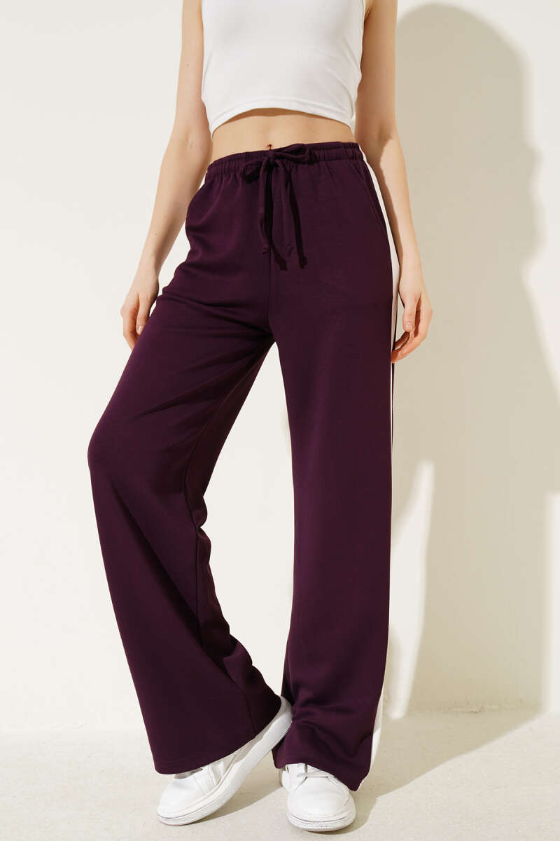 Drawstring Trousers with Side Stripe - Plum