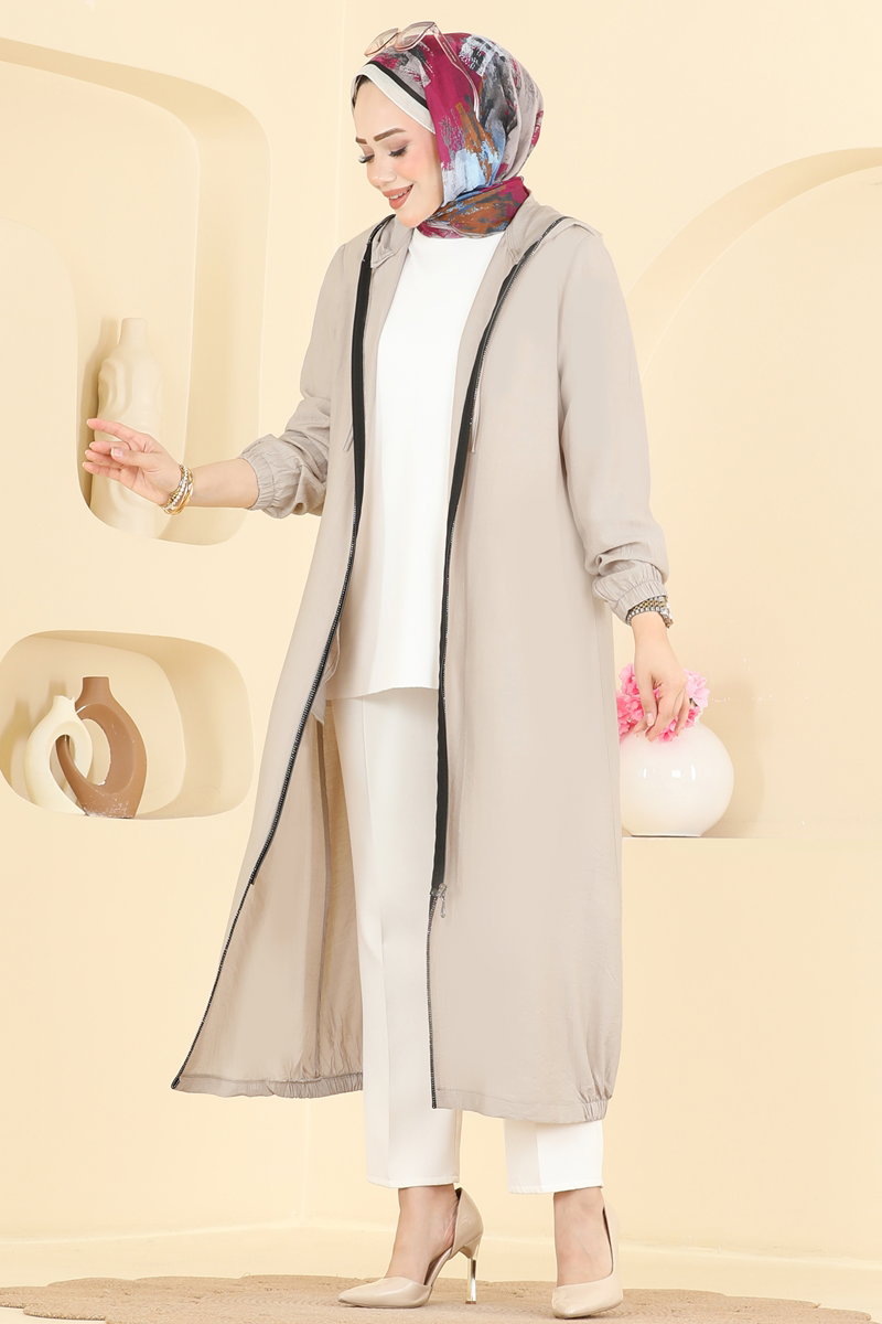 Cape Coat with Stone-Strip Trim - Stone