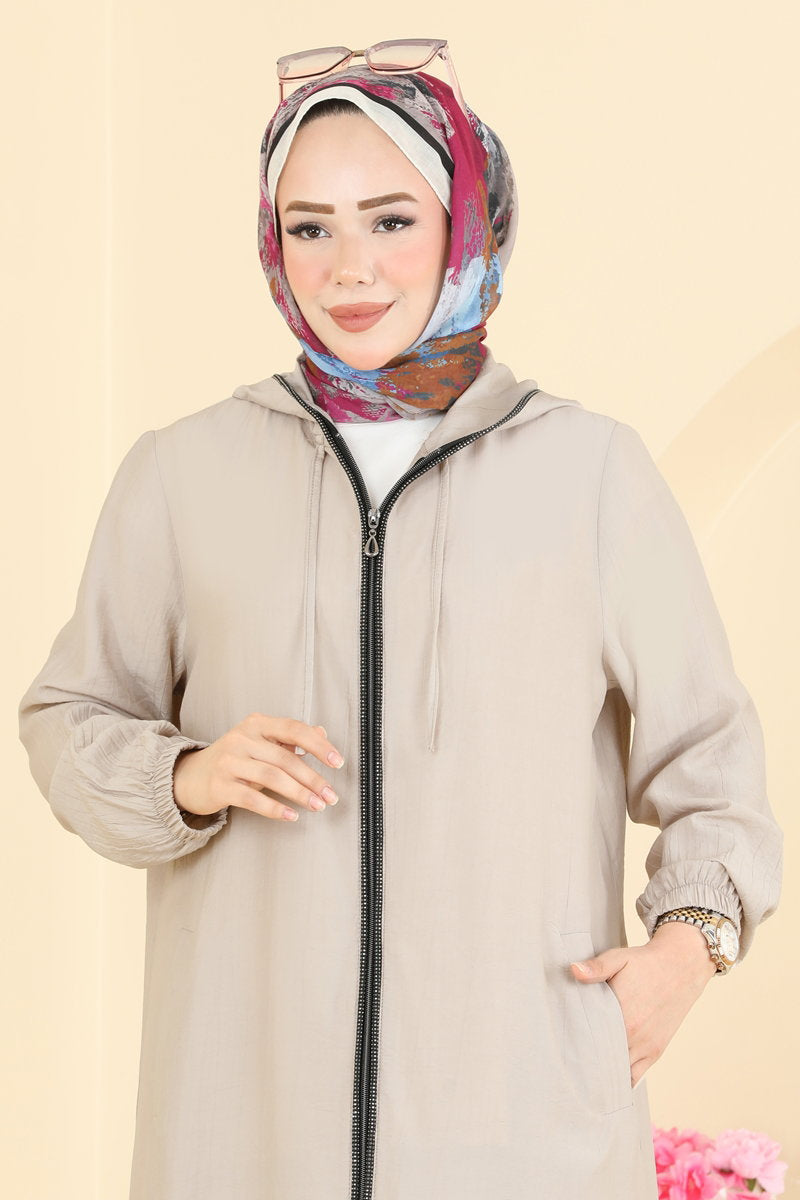 Cape Coat with Stone-Strip Trim - Stone