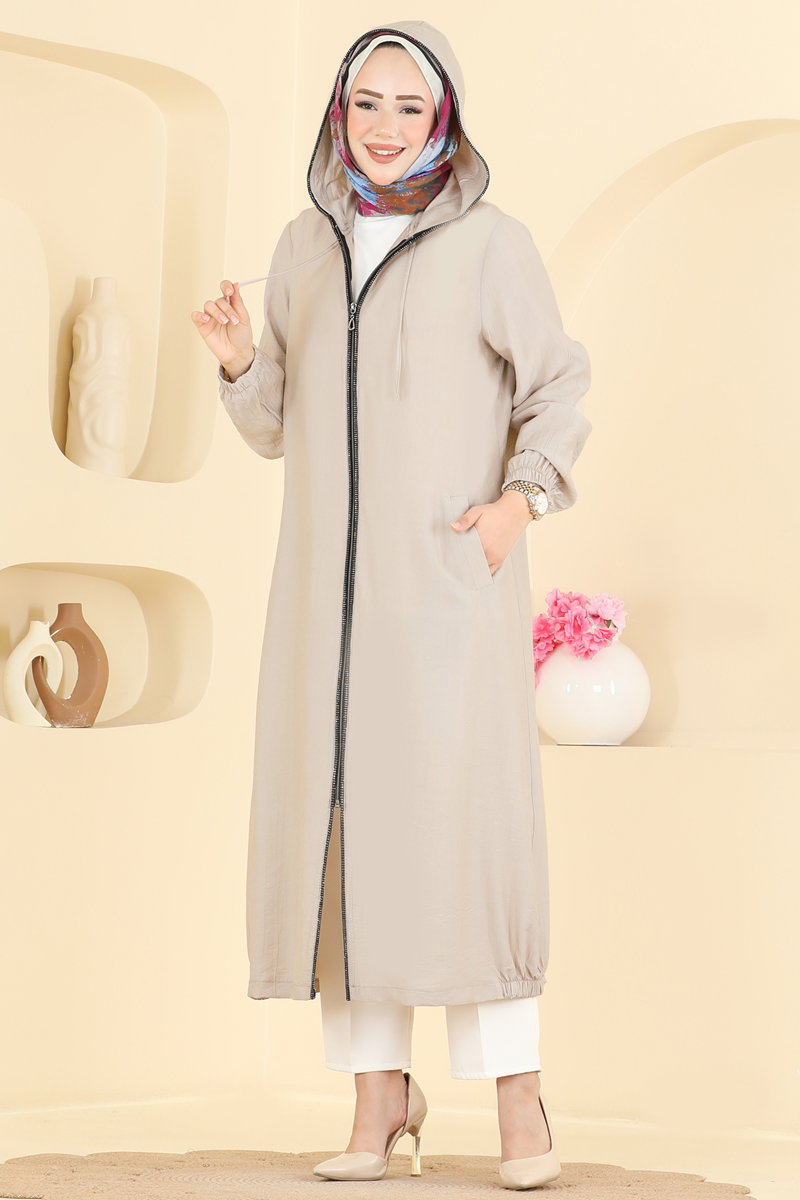 Cape Coat with Stone-Strip Trim - Stone