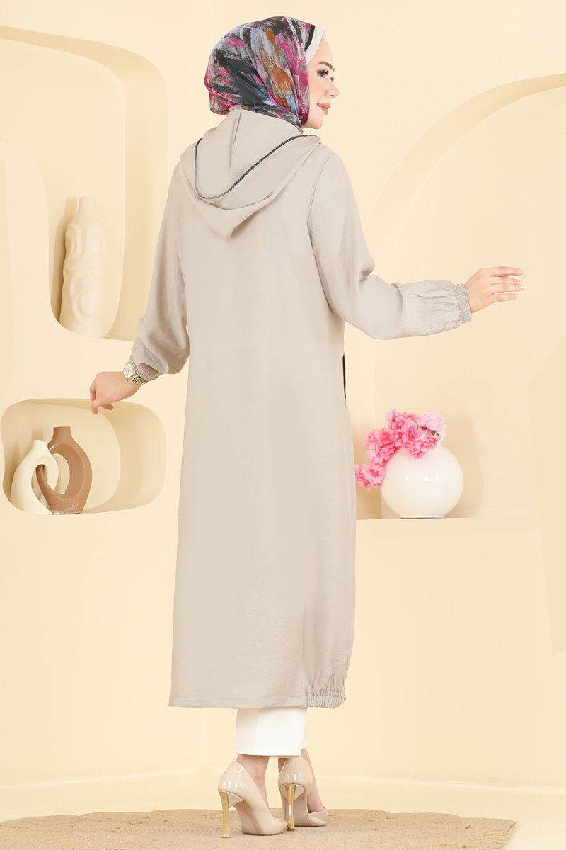 Cape Coat with Stone-Strip Trim - Stone