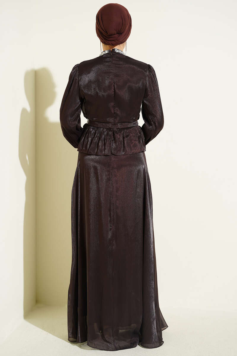 Evening Dress with Stone Ribbon Trim - Dark Brown