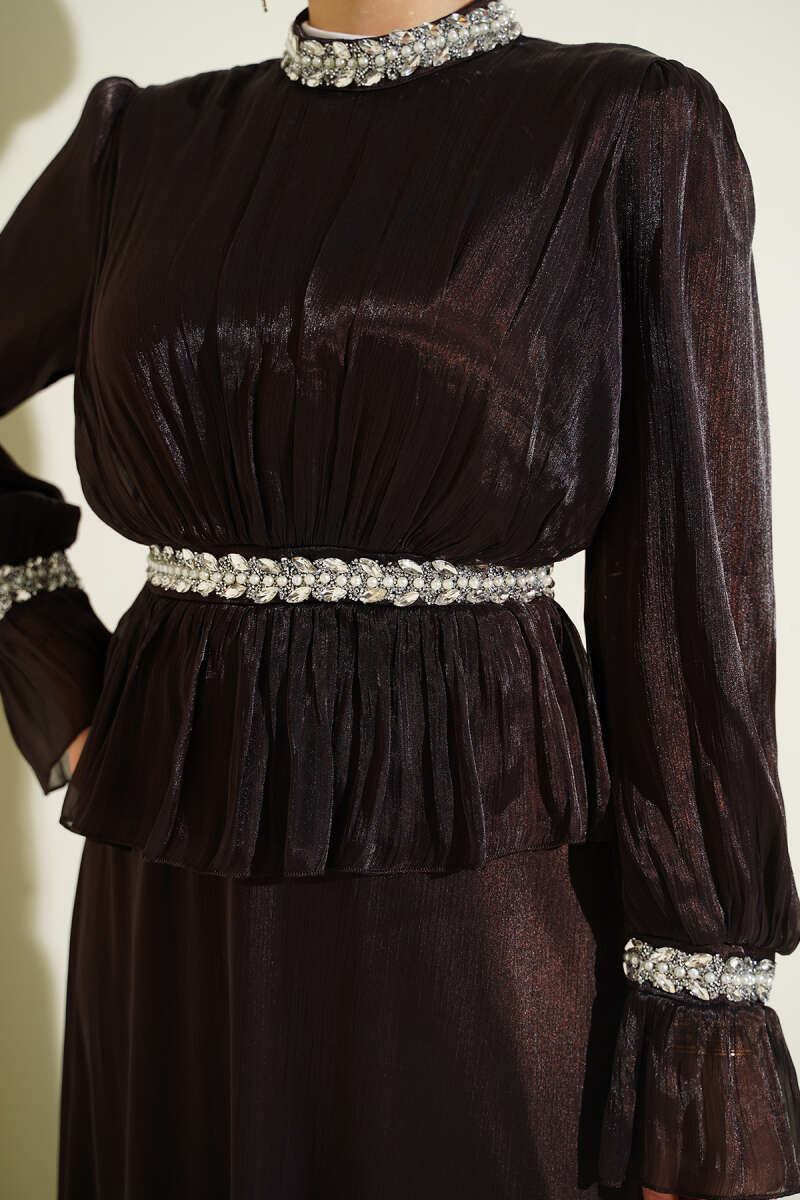 Evening Dress with Stone Ribbon Trim - Dark Brown