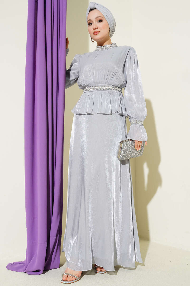 Evening Dress with Stone Ribbon Trim - Grey