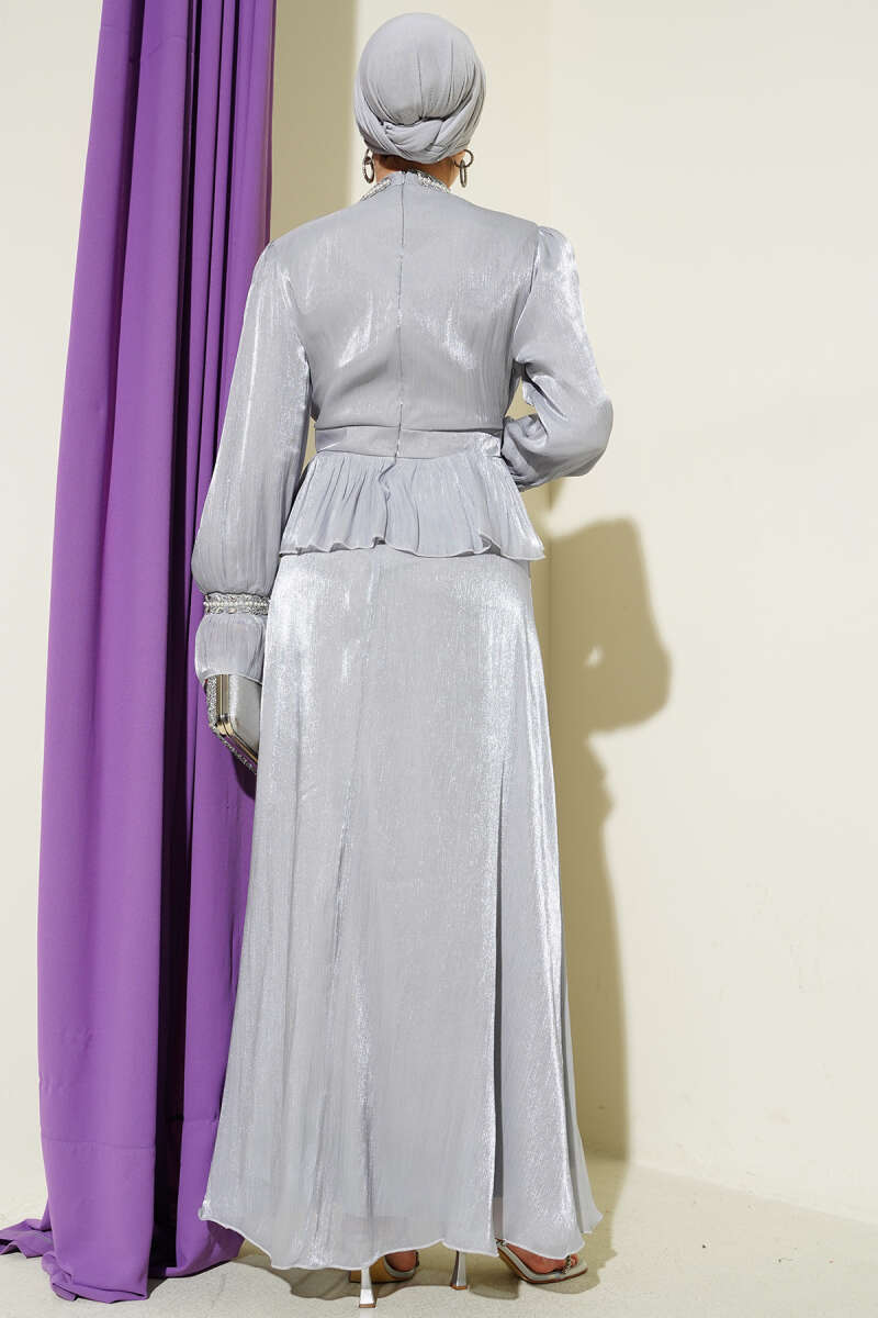 Evening Dress with Stone Ribbon Trim - Grey