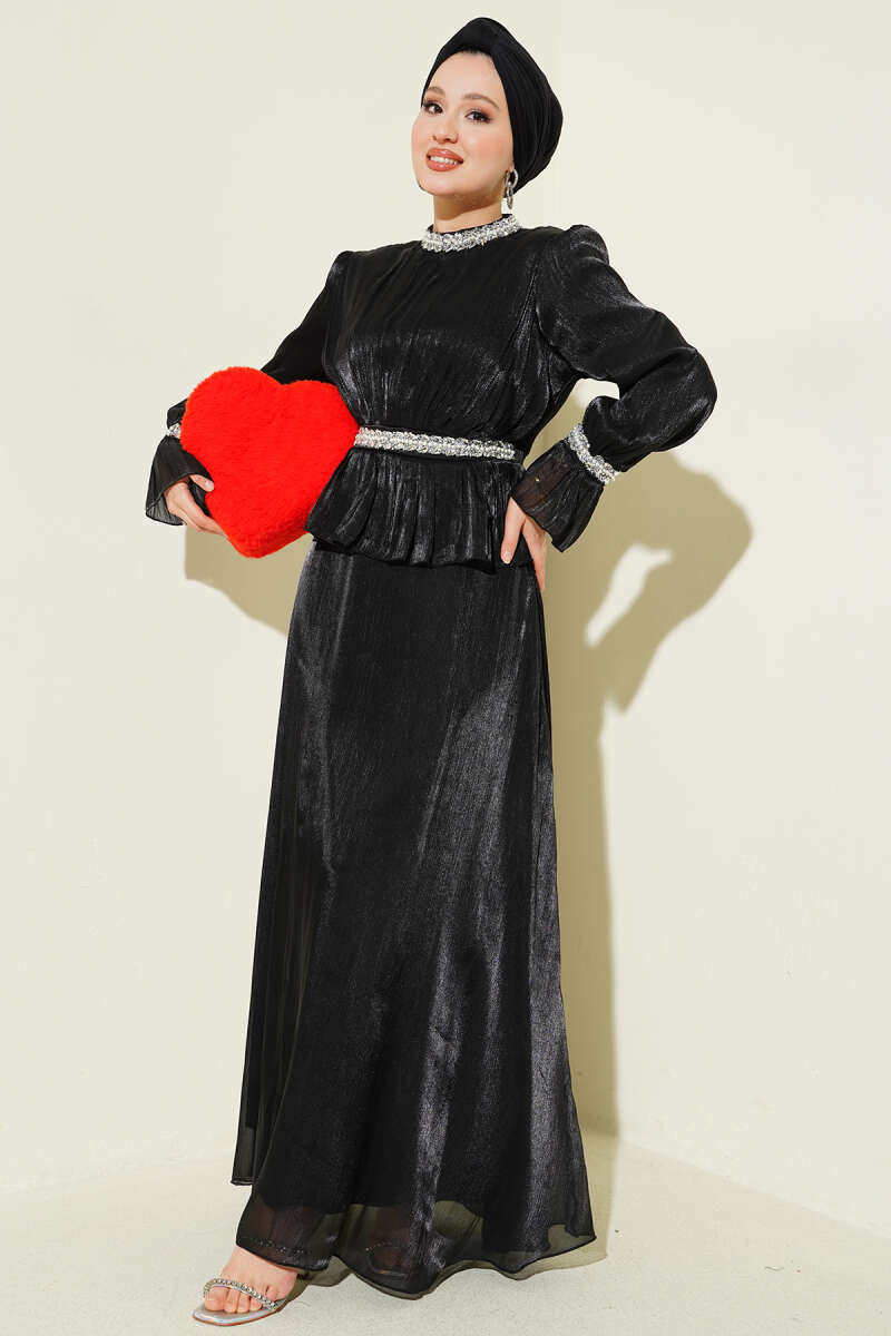 Evening Dress with Stone Ribbon Trim - Black