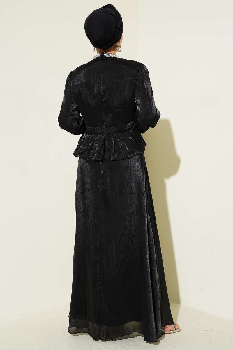Evening Dress with Stone Ribbon Trim - Black