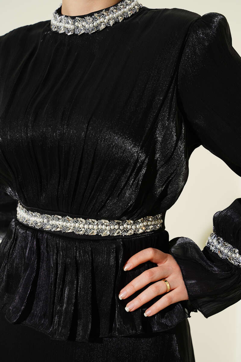 Evening Dress with Stone Ribbon Trim - Black
