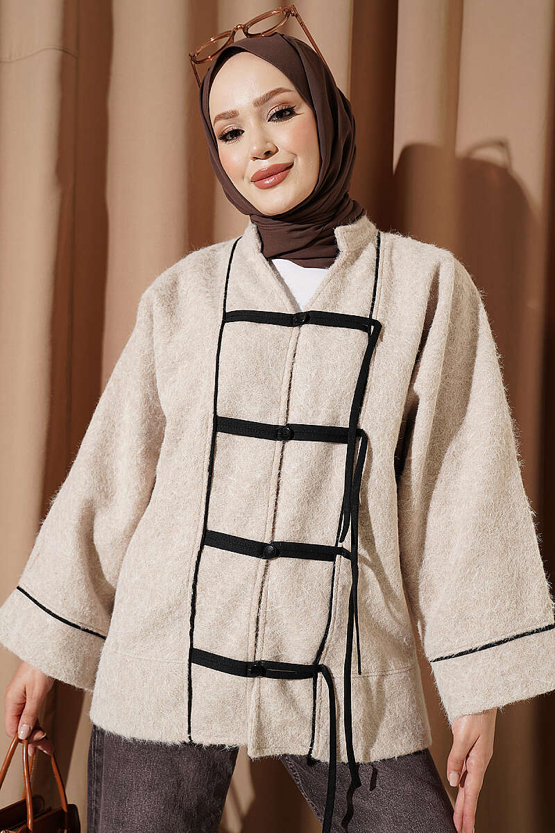 Felt Jacket with Stripe and Tie Detail - Beige