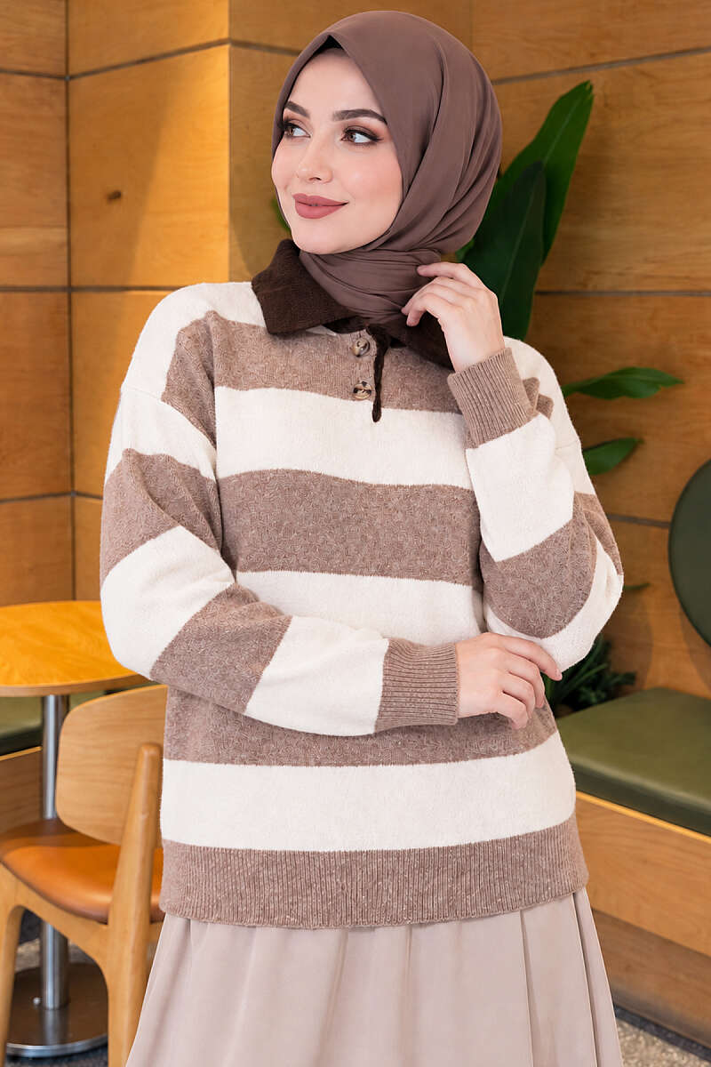 Striped-Trim Button Knit Sweater - Beige