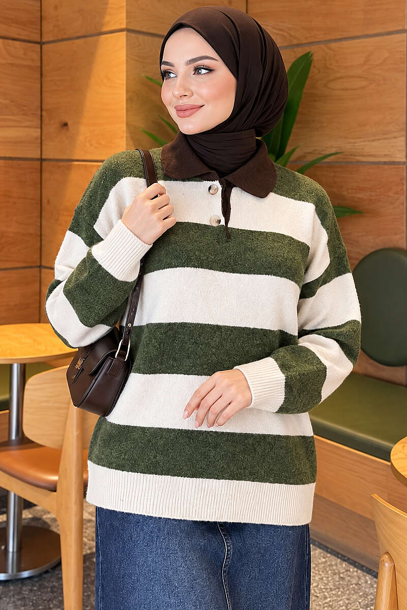 Striped-Trim Button Knit Sweater - Green