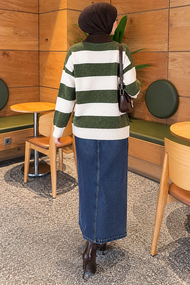 Striped-Trim Button Knit Sweater - Green