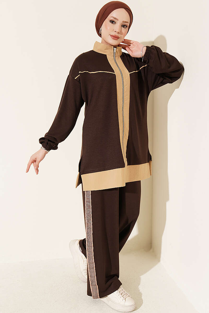 Zip-Up Jersey Two-Piece Set with Stripe Trim - Brown