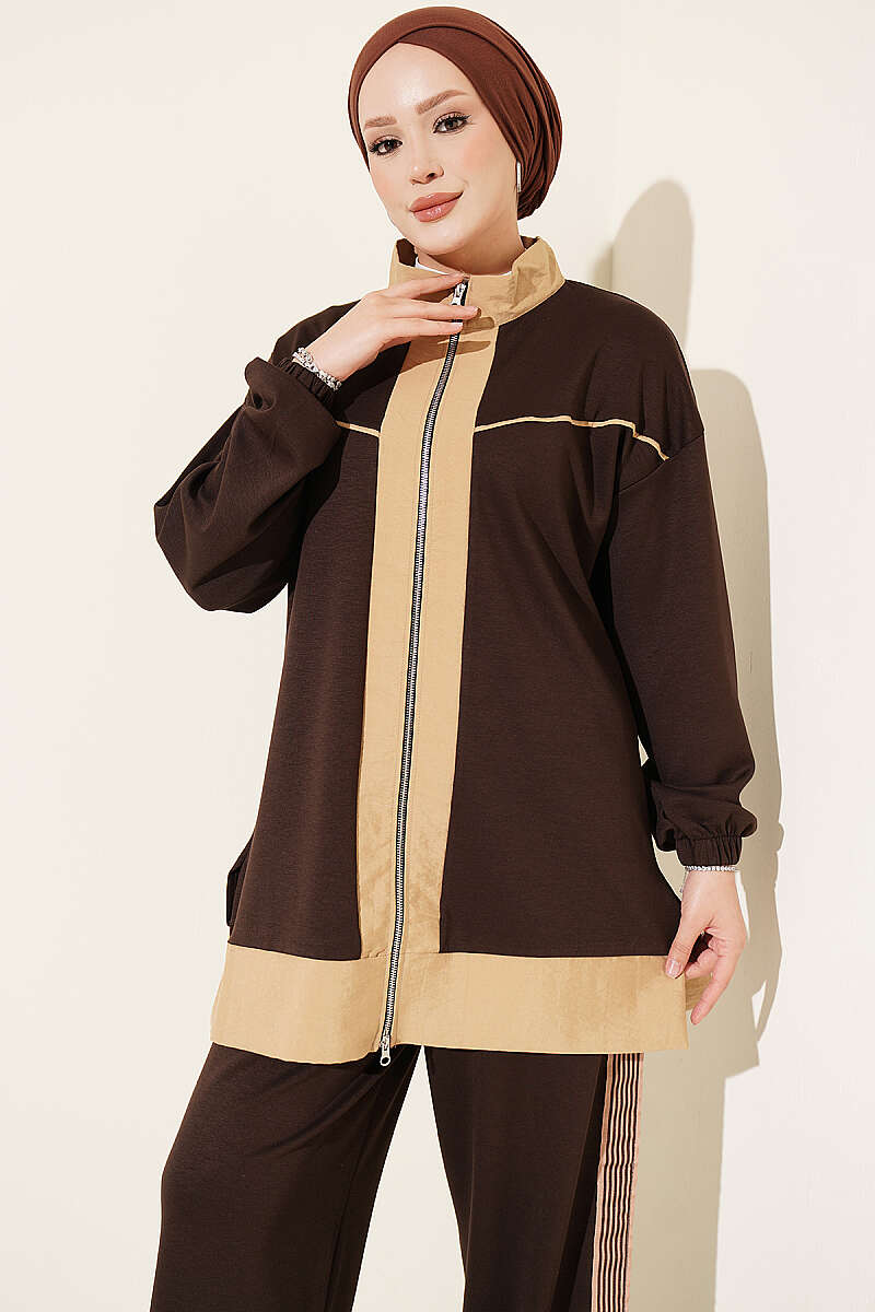 Zip-Up Jersey Two-Piece Set with Stripe Trim - Brown
