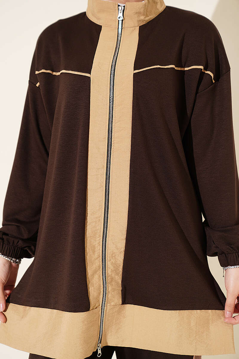 Zip-Up Jersey Two-Piece Set with Stripe Trim - Brown