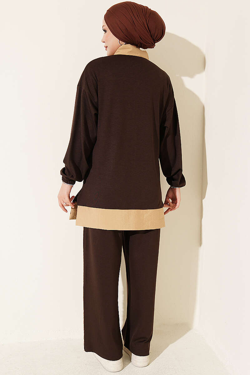 Zip-Up Jersey Two-Piece Set with Stripe Trim - Brown