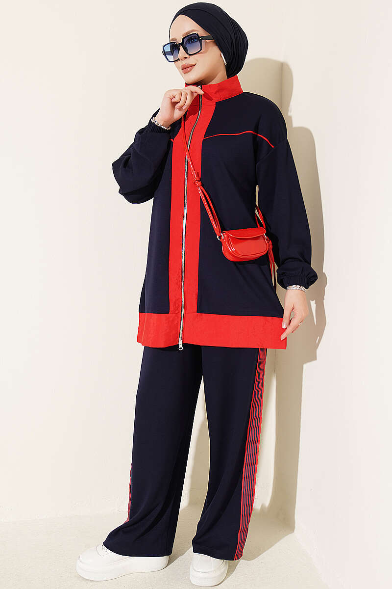 Zip-Up Jersey Two-Piece Set with Stripe Trim - Navy