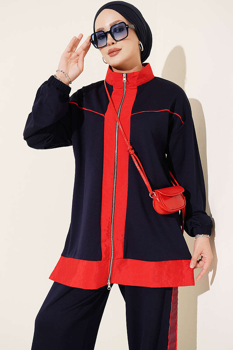Zip-Up Jersey Two-Piece Set with Stripe Trim - Navy