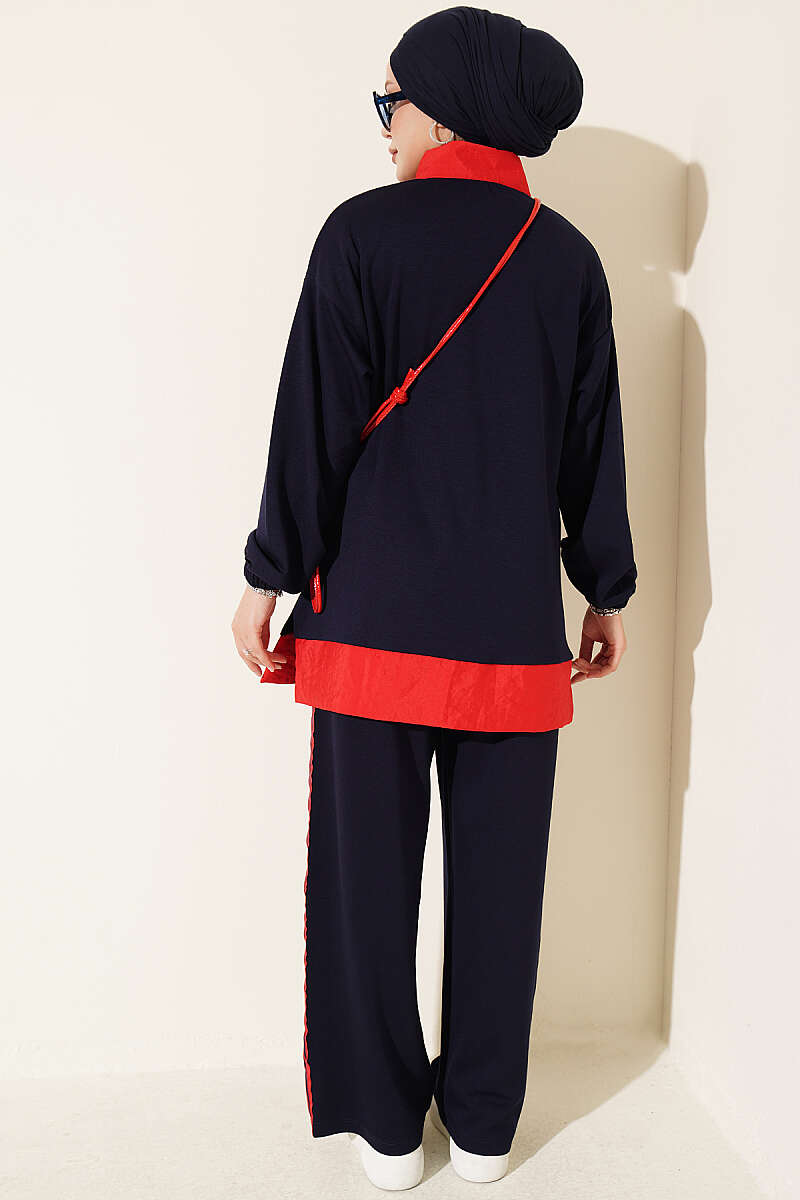 Zip-Up Jersey Two-Piece Set with Stripe Trim - Navy