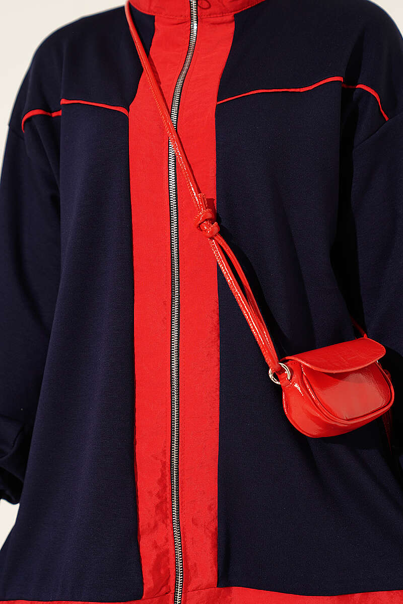 Zip-Up Jersey Two-Piece Set with Stripe Trim - Navy