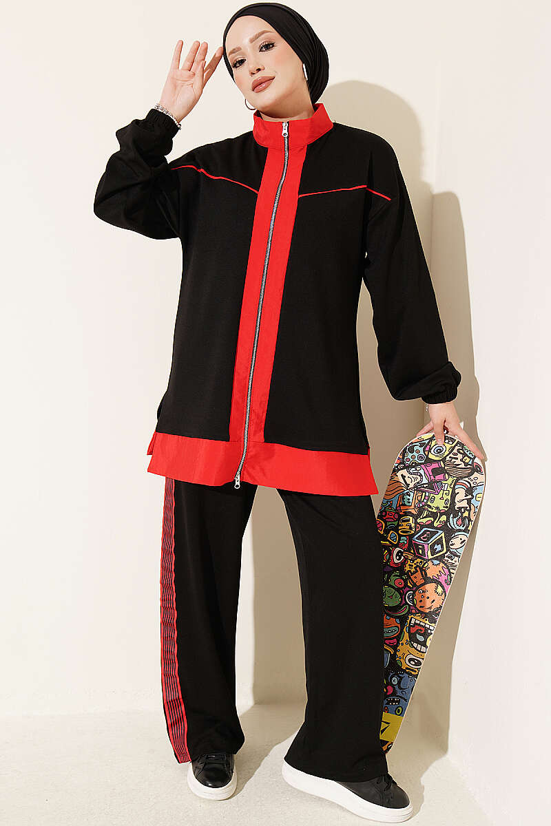 Zip-Up Jersey Two-Piece Set with Stripe Trim - Black