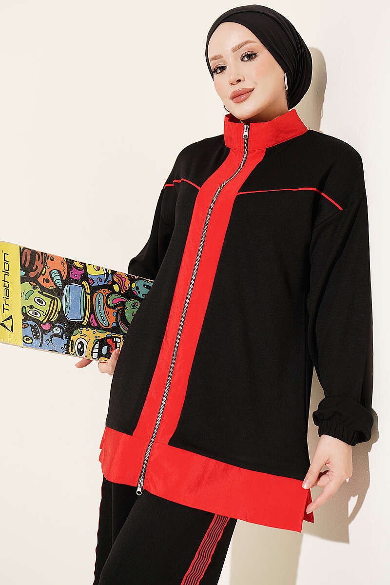 Zip-Up Jersey Two-Piece Set with Stripe Trim - Black