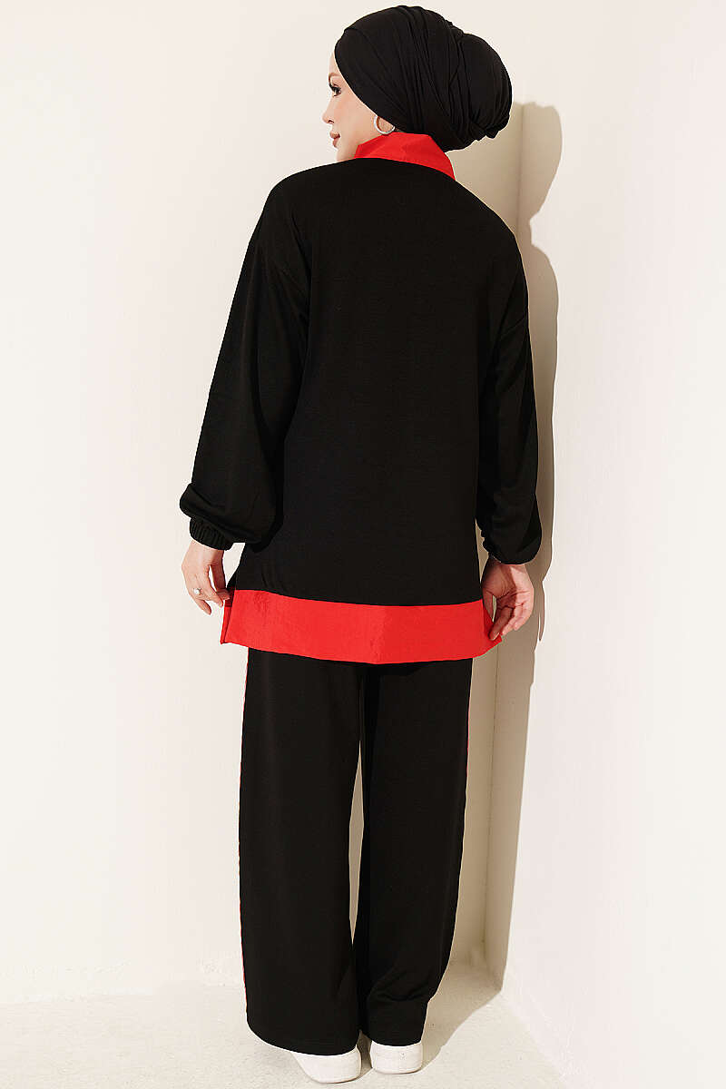 Zip-Up Jersey Two-Piece Set with Stripe Trim - Black