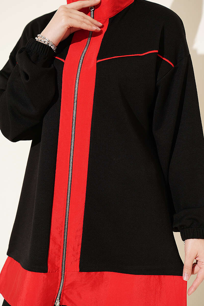 Zip-Up Jersey Two-Piece Set with Stripe Trim - Black