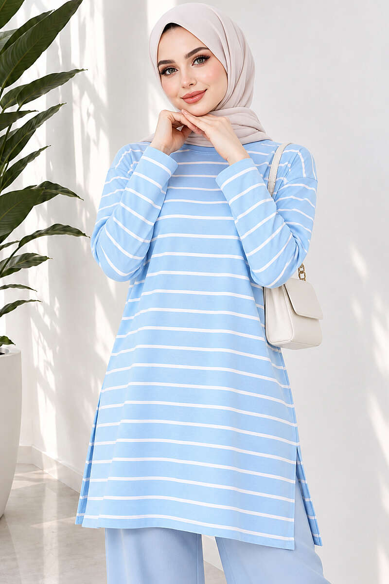 Striped-Trim Tunic - Light Blue