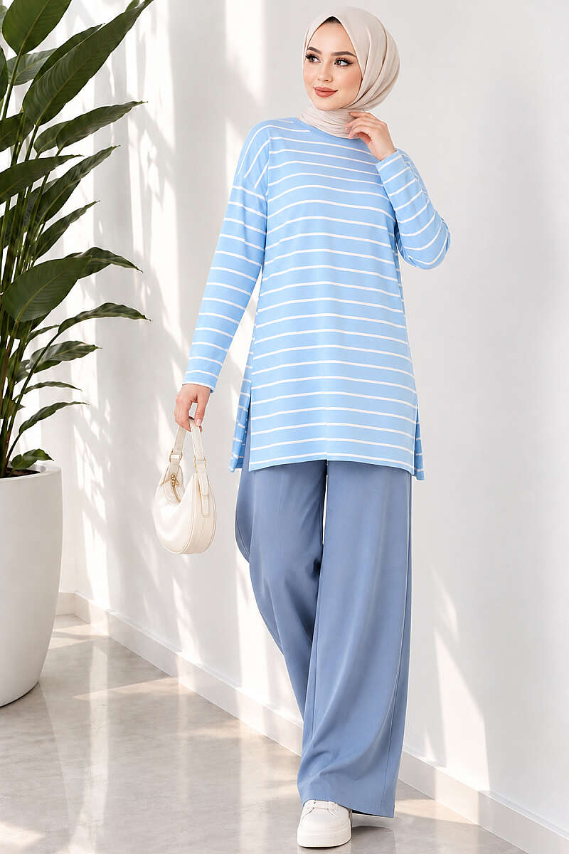 Striped-Trim Tunic - Light Blue