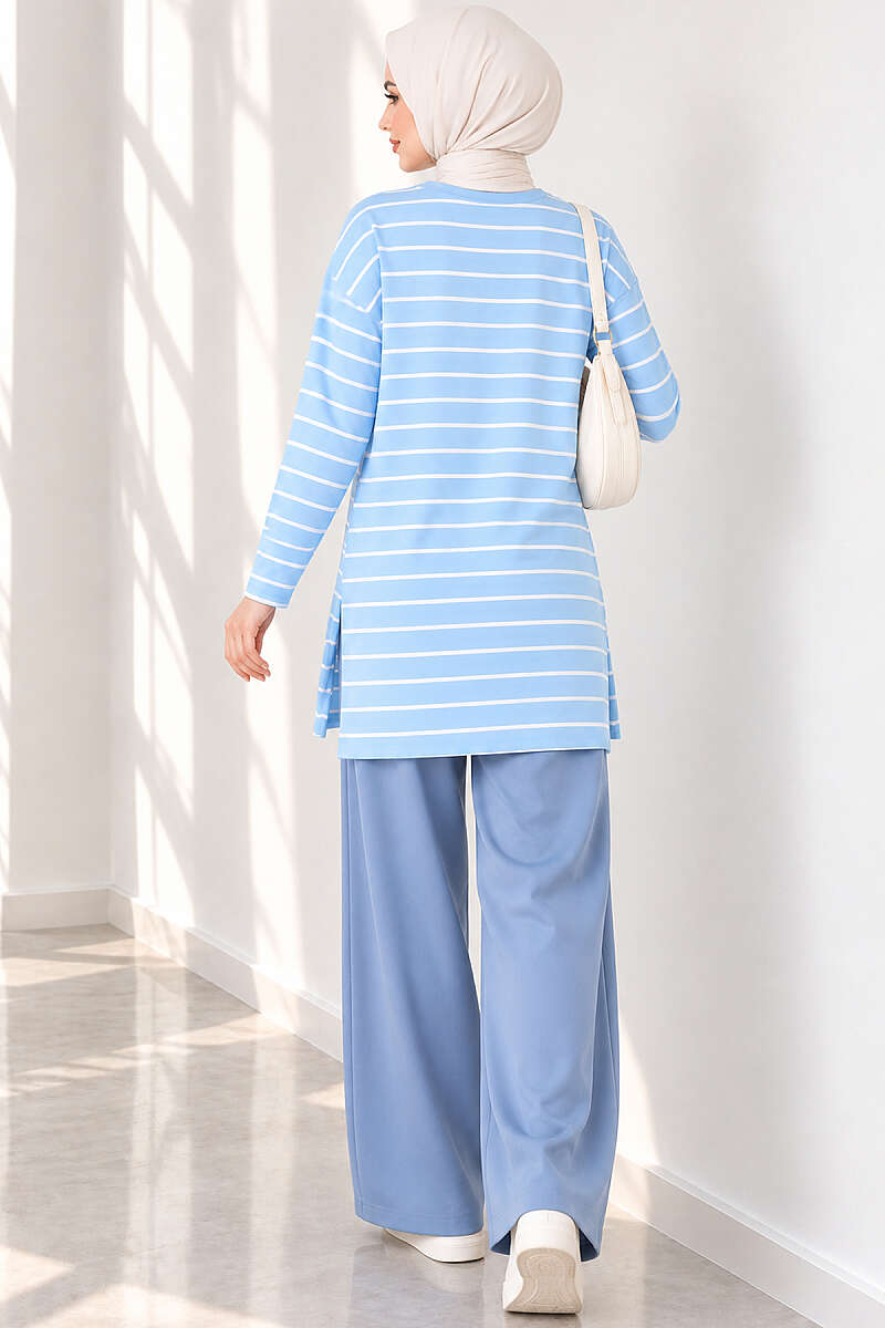 Striped-Trim Tunic - Light Blue