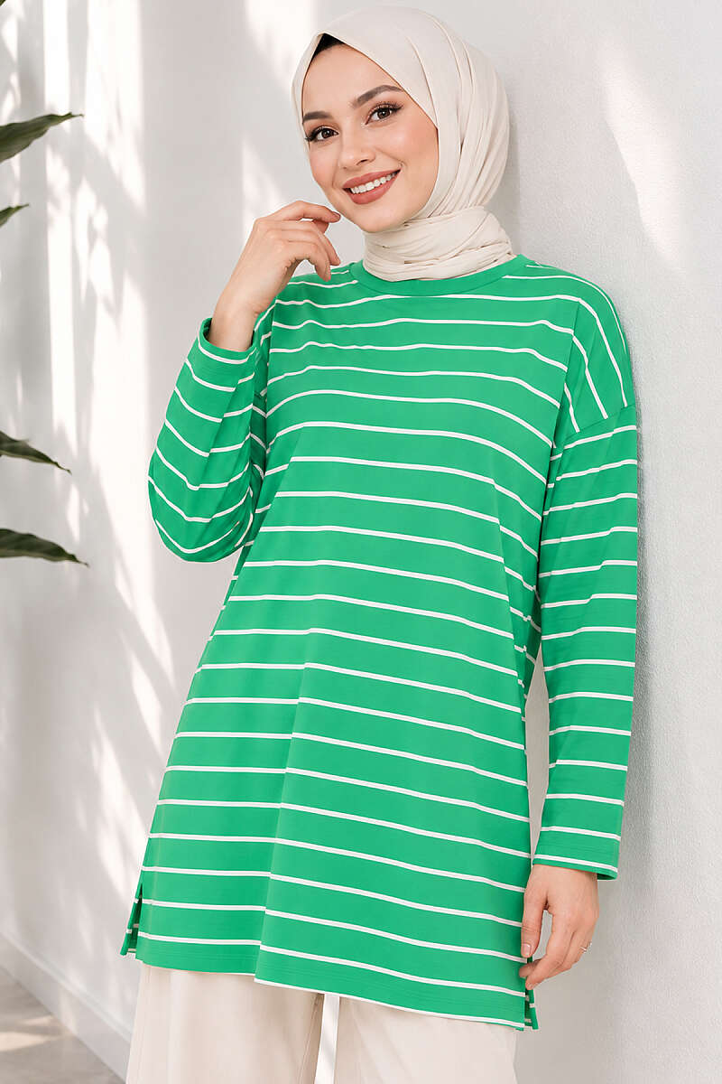Striped-Trim Tunic - Kelly Green