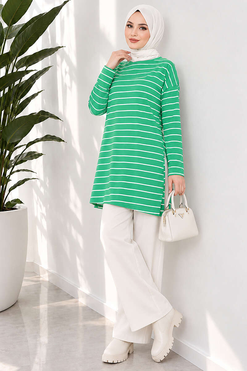 Striped-Trim Tunic - Kelly Green