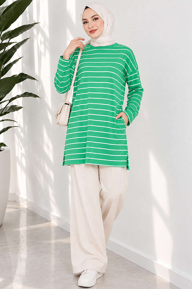 Striped-Trim Tunic - Kelly Green
