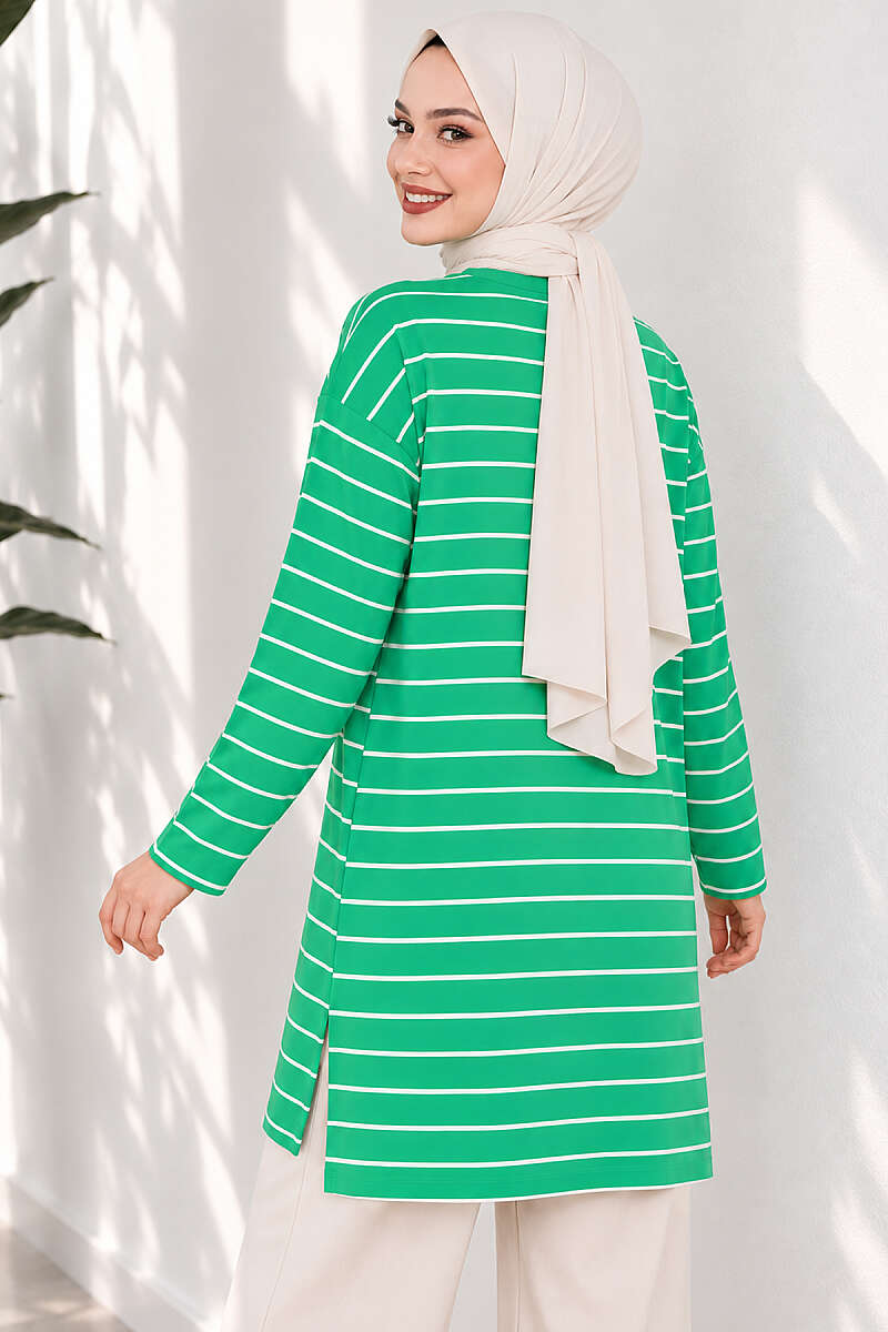Striped-Trim Tunic - Kelly Green