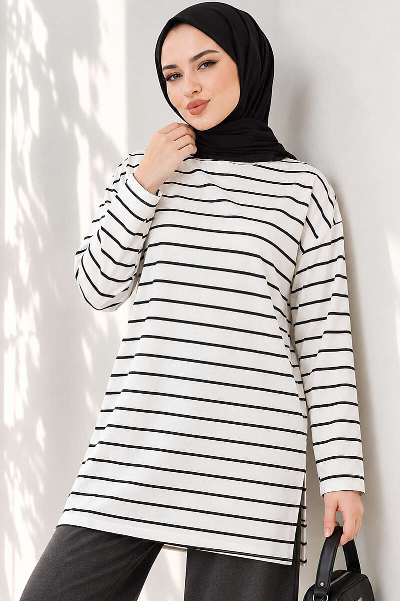 Striped-Trim Tunic - White