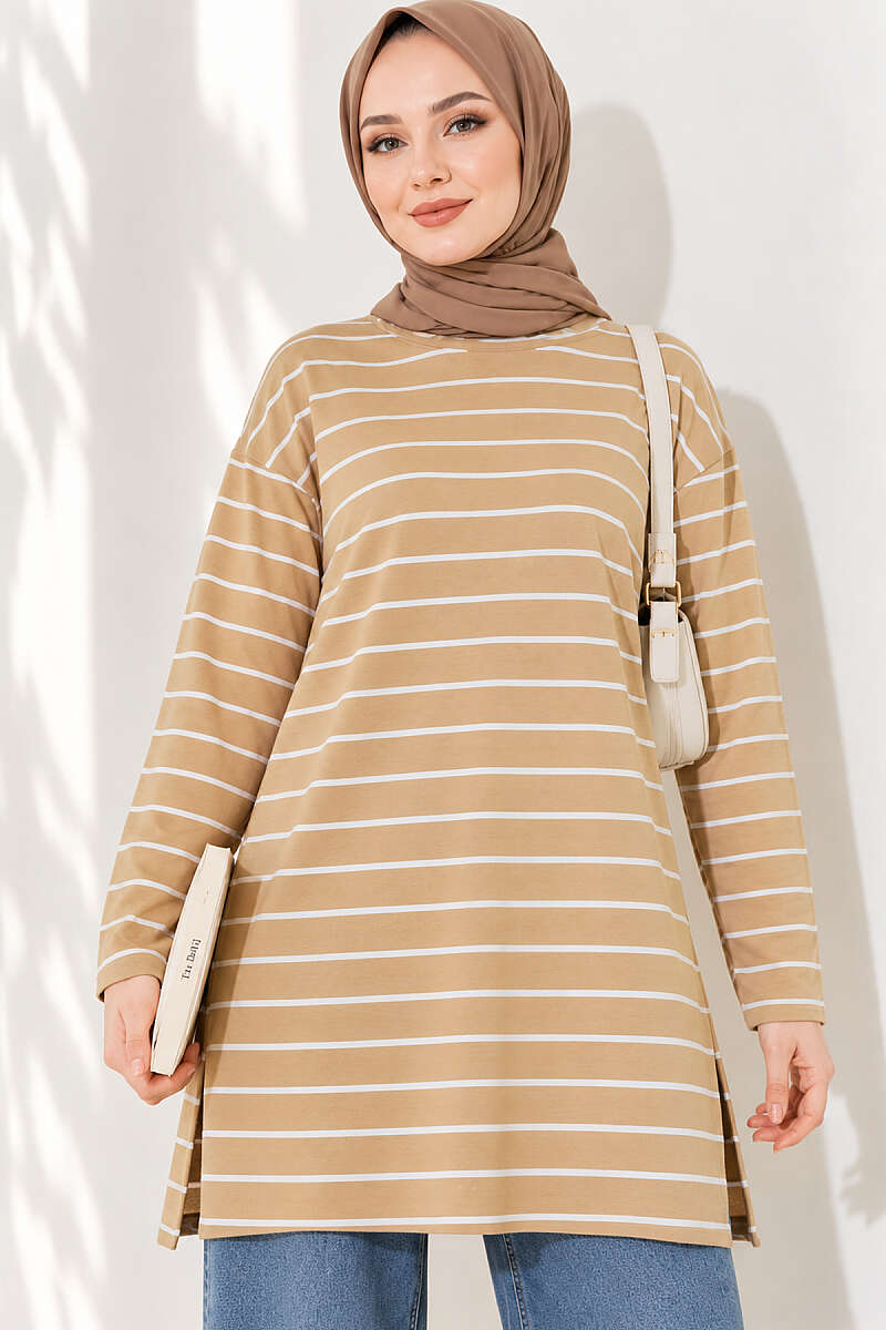 Striped-Trim Tunic - Biscuit