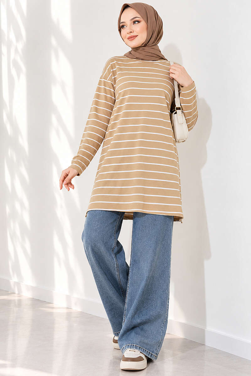 Striped-Trim Tunic - Biscuit