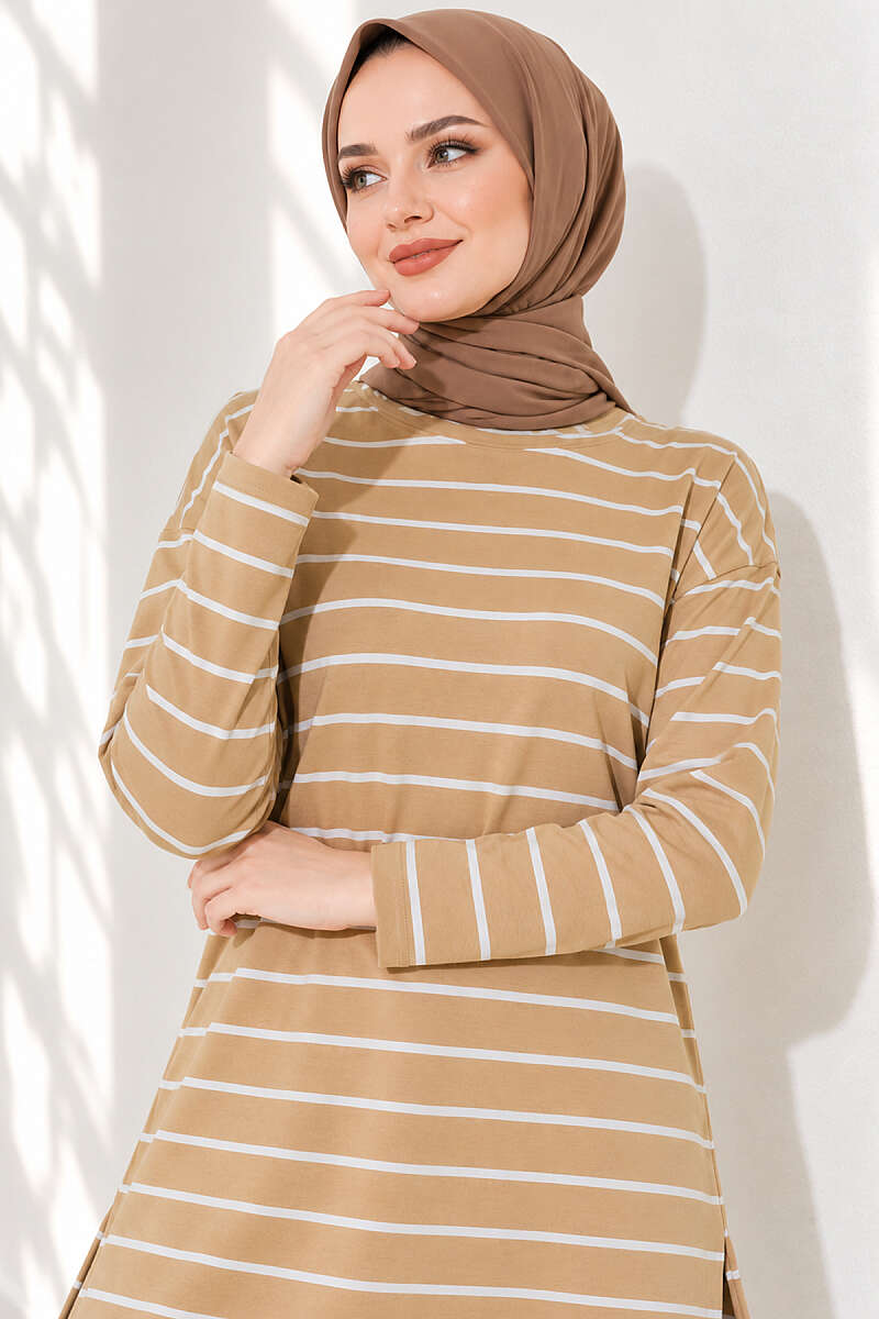 Striped-Trim Tunic - Biscuit