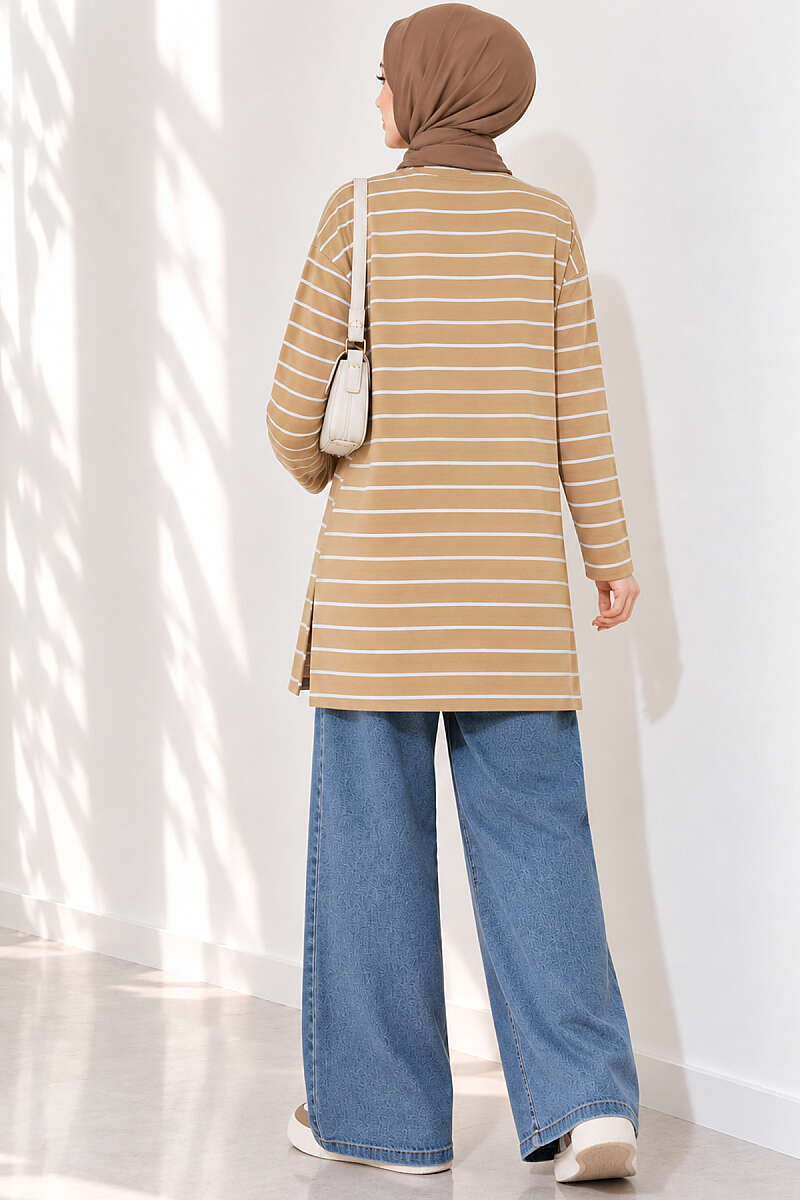 Striped-Trim Tunic - Biscuit