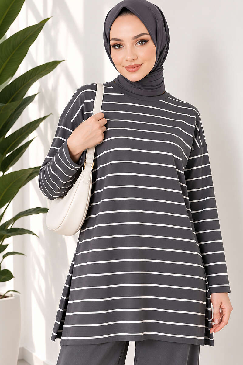 Striped-Trim Tunic - Smoke Grey