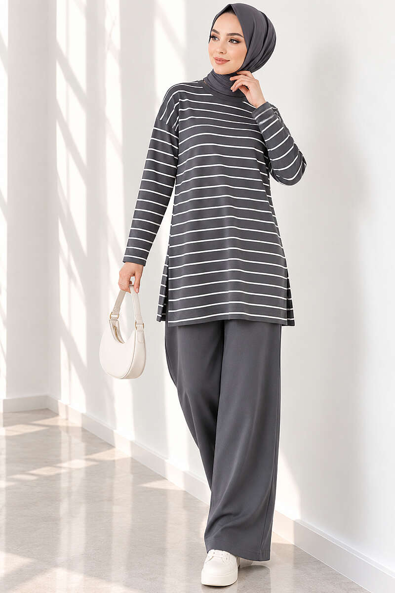 Striped-Trim Tunic - Smoke Grey