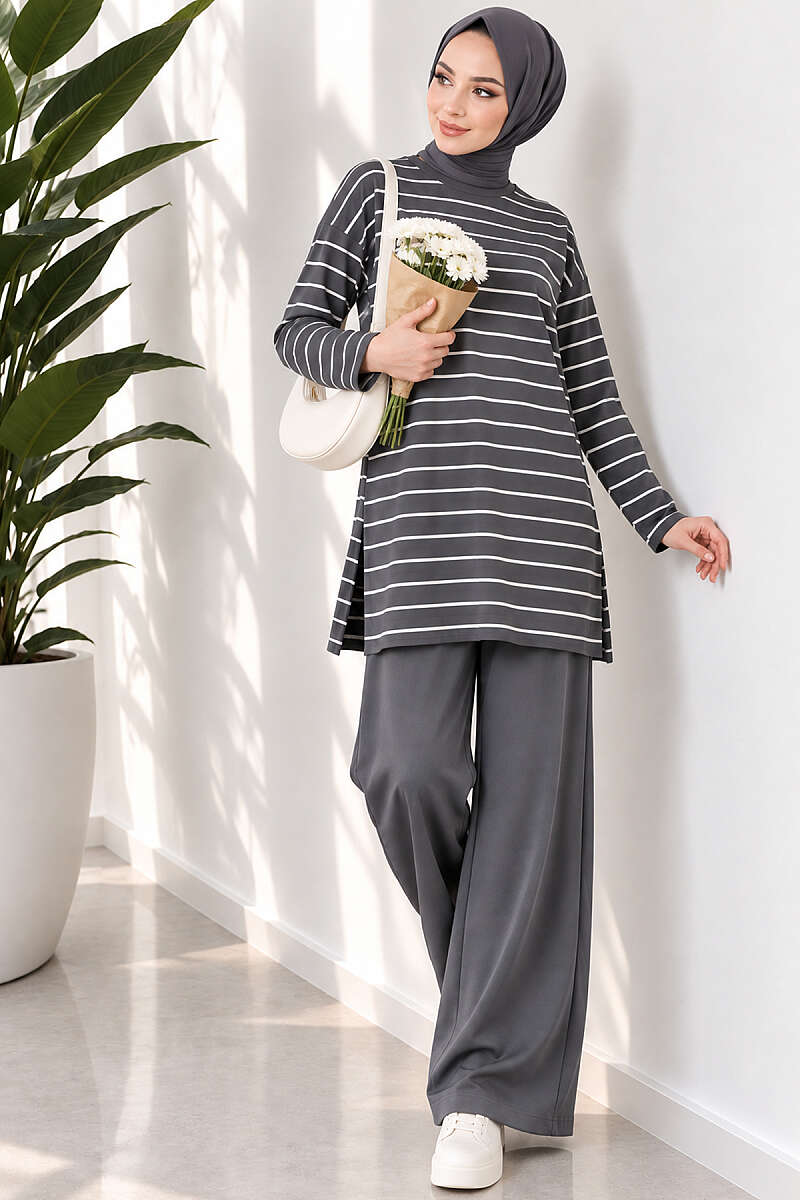 Striped-Trim Tunic - Smoke Grey